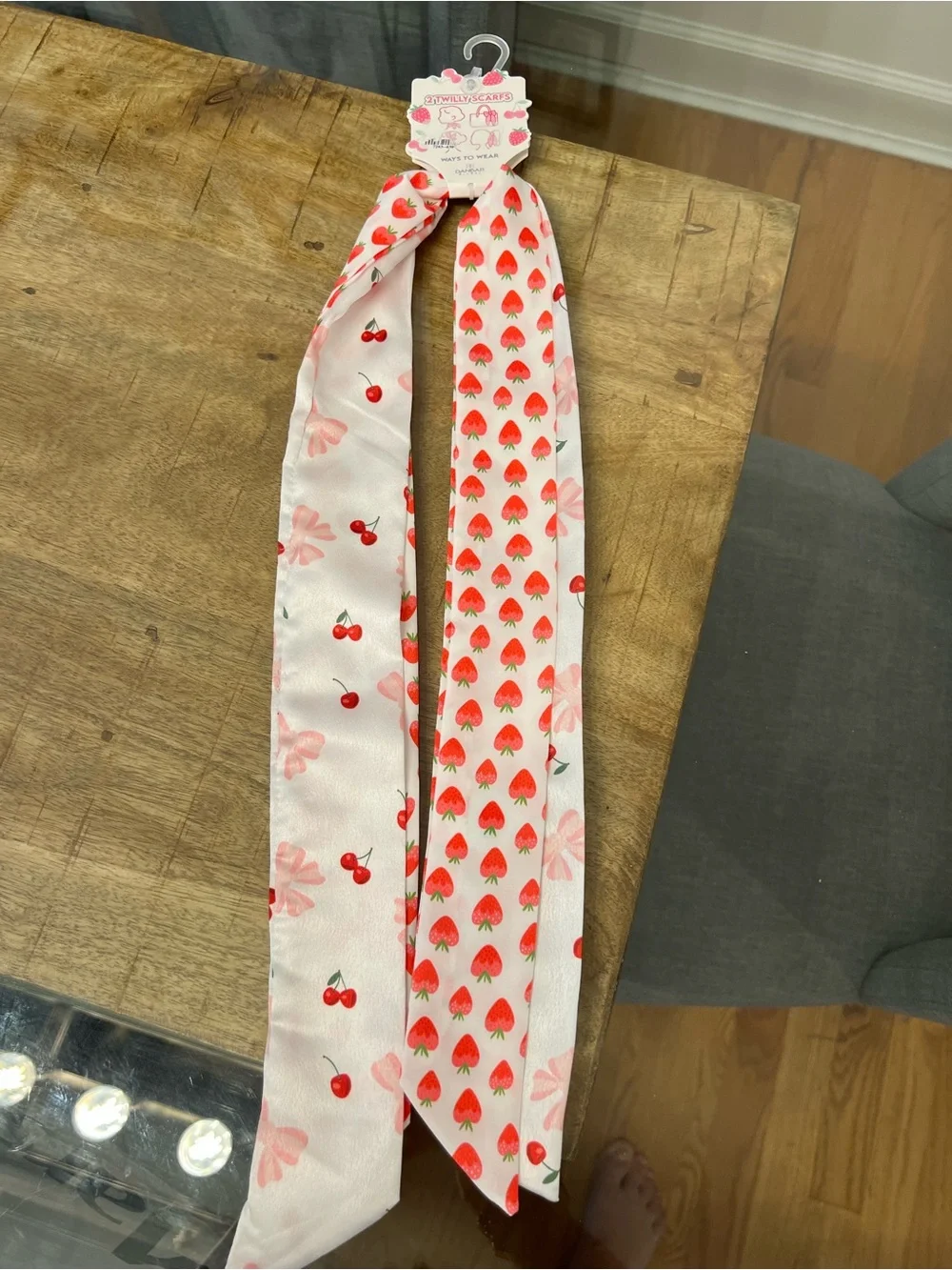 2 Satin Hair Scarf - Pink Strawberry & Cherry Print